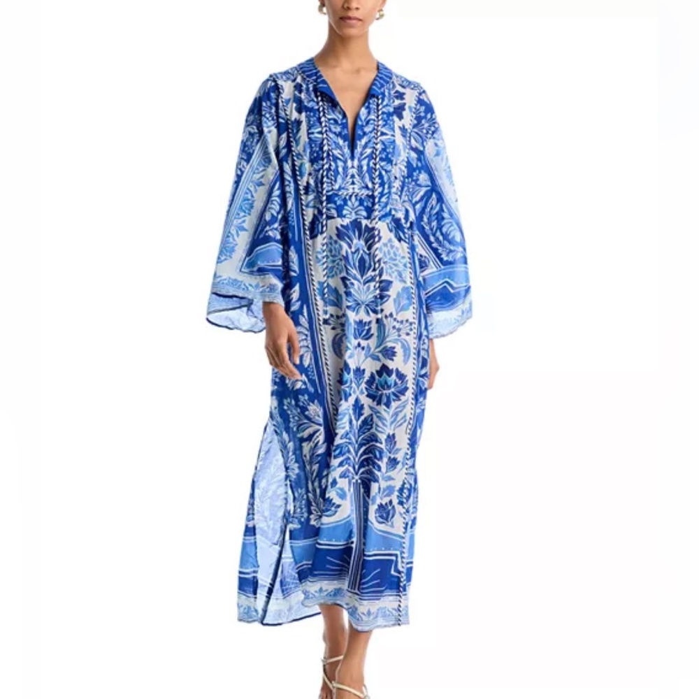 NWT Farm Rio blue and white delicate tapestry long cover up dress